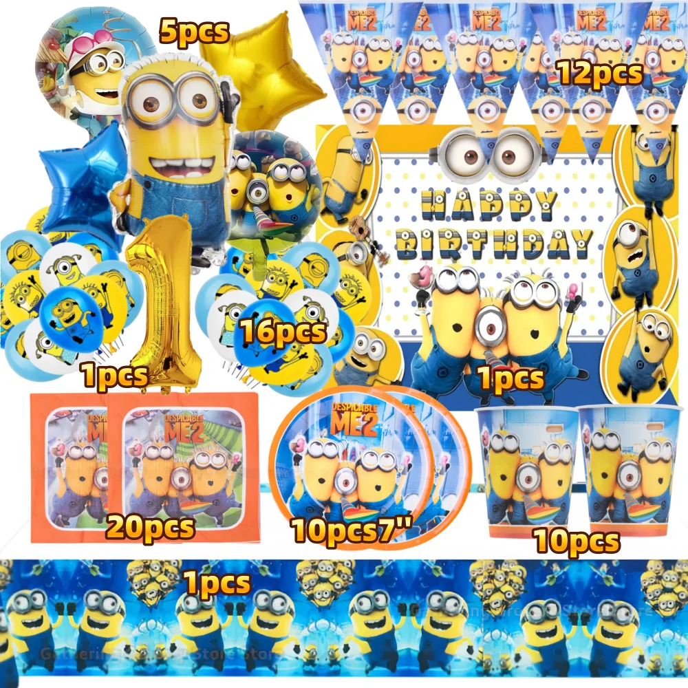

76Pieces Yellow Big Eye Cartoon Tableware Set with Balloons for 10-20 People 7 Inch Plates Mugs Napkins Gifts Decorations Toys