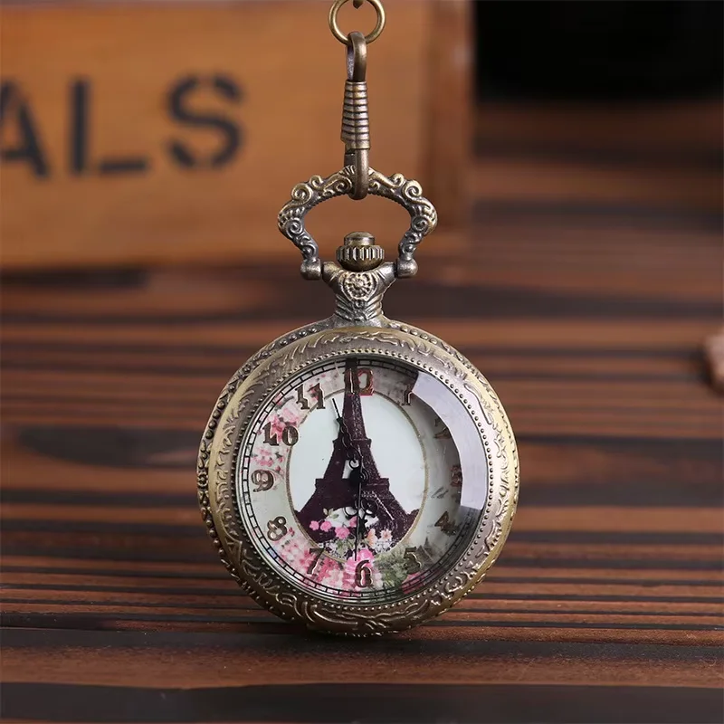 Transparent Lid Eiffel Tower White Surface Pocke Large Craved Exquisite Flower Pattern  Watch with Chain