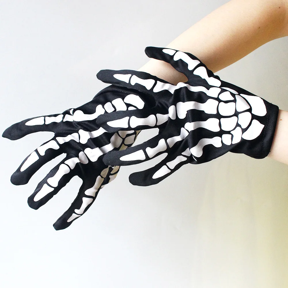 

1 Pair Halloween Skeleton Gloves Unisex Adult Full Finger Short Gloves Women Stretch Cosplay Goth Mittens Party Accessories