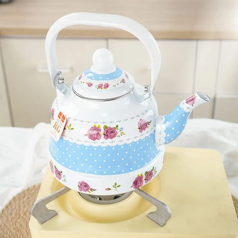 1.1L Pink Blue Rose Enamel Jug Tea Jug Wine Jug Fine Mouth Coffee Jug Induction Open Fire Universal Household Cooler Pot