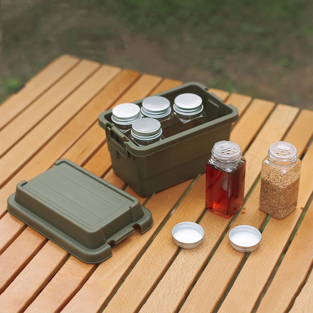 1.1L Multifunctional Outdoor Storage Box with 6pcs Seasoning Bottles Camping Travel Barbecue Small Toolbox Plastic Storage Box