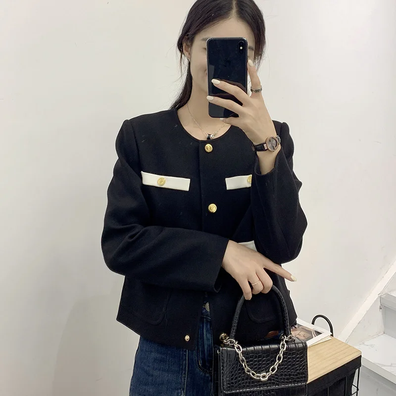 100% worsted wool small fragrance suit jacket for women's autumn 2022 new contrasting tassel round neck short top trend