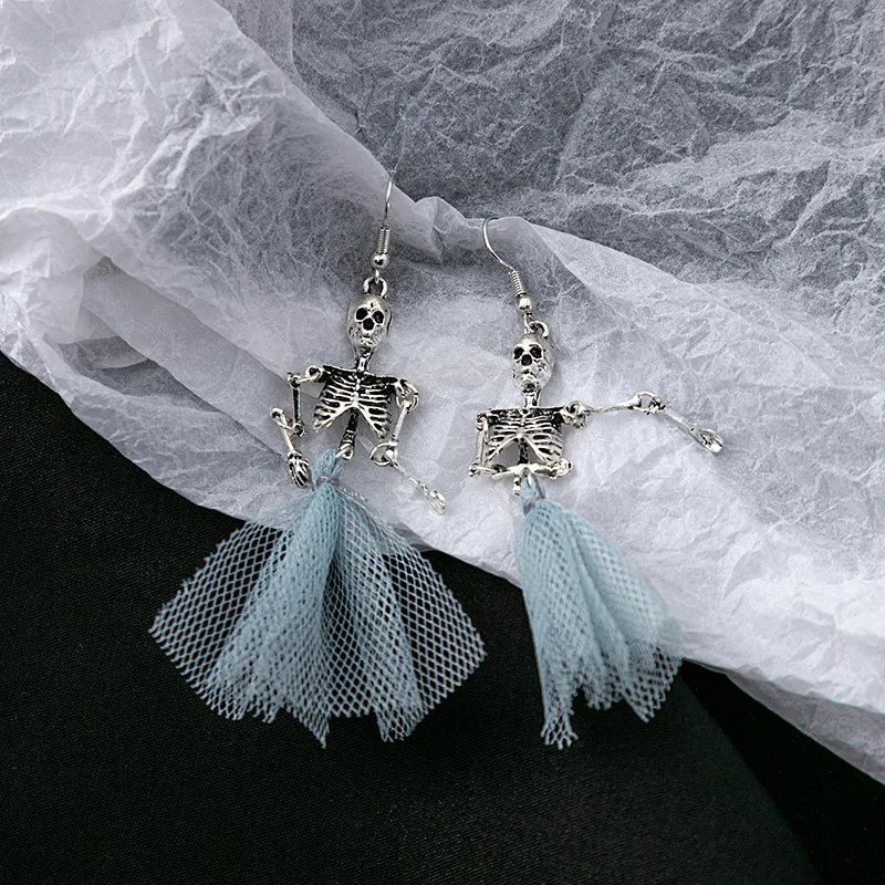 Drop Earrings Skeleton Skull Blue Mesh Punk Halloween Vintage Lightweight Alloy Party Costume Jewelry Gift for Women