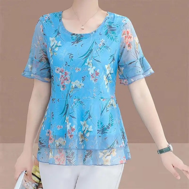 Women Clothes Double Layer Ruffle Floral Print Elegant Blouses Summer Fashion O Neck Short Sleeve Shirts Ladies Slim Tops Blusa