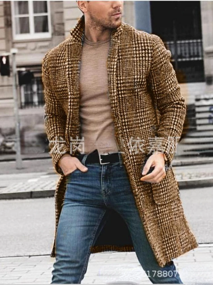 2025Luxury Brands Tweed Coat Men Autumn Winter Long Sleeve Trench Coat Plaid Vintage Slim Mid-length Windbreaker Outerwear