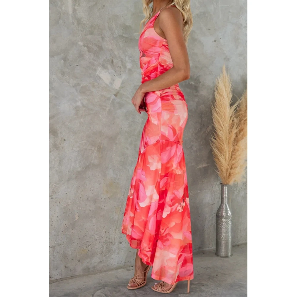 Women's Fashion Flower Print Skew Collar Sleeveless Maxi Dress Casual Boho Style Dresses Irregular Hem Elegant Dress Beach Dress