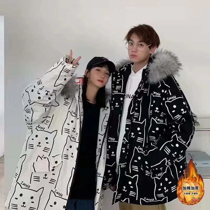 

Зимняя камуфляжная мужская утолщенная модная жареная уличная хлопковая одежда среднего и длинного большого мехового воротника, новая хлопковая одежда для пар