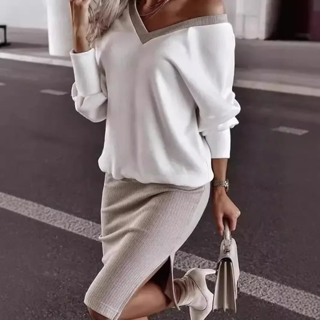 

Women's Skirt Long Sleeved Top Two Piece Sets Fashion Casual Loose V-neck Sweatshirt Tight Fitting Half Dress Suit Autumn 2024