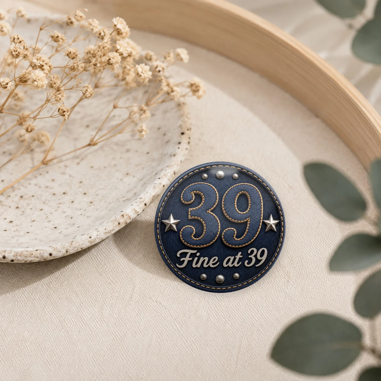 1pc, 2D Flat Fine At 39 Lapel Pin, Chic decorative piece, Round handcrafted button style, A charming little piece for outfit sty