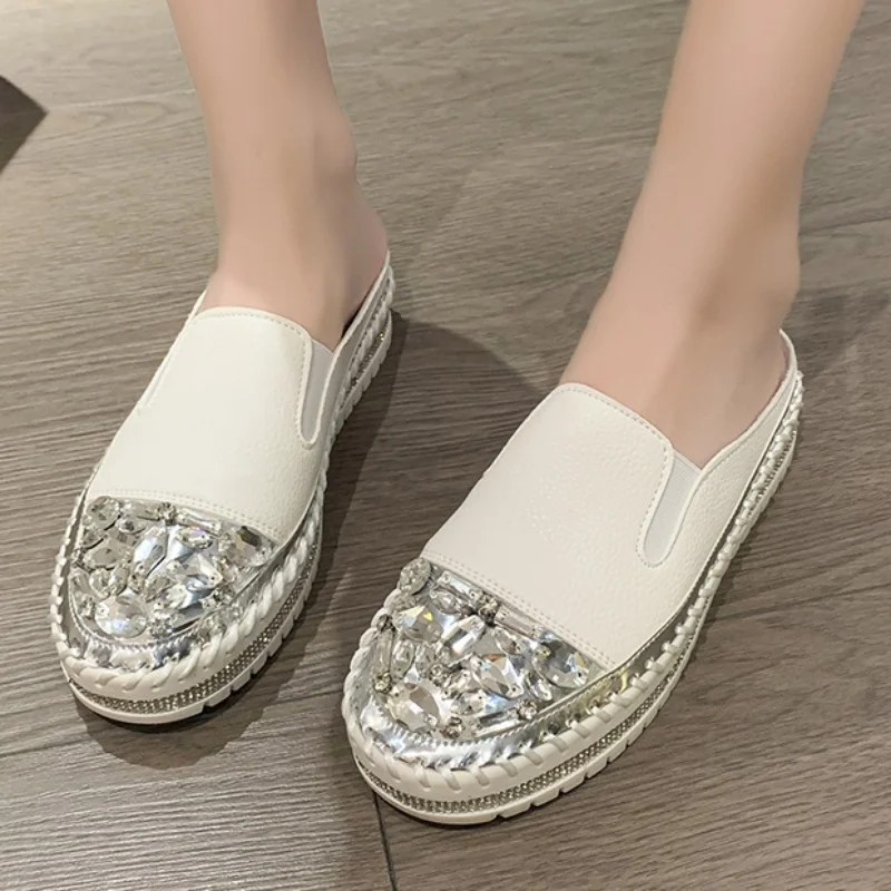 Shoes for Women 2023 Fashion Summer Women\'s Slippers Solid Color Rhinestone Sequins Closed Toe Flat Heel Water Proof Shoes Women