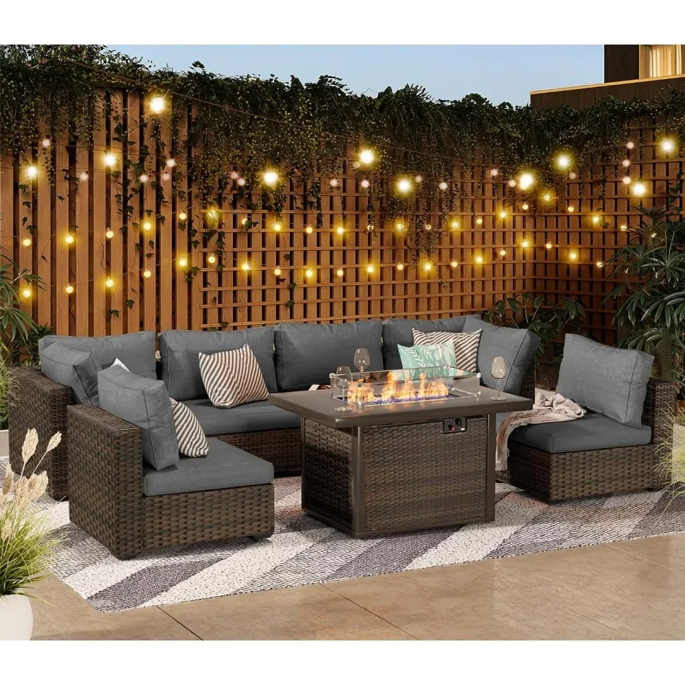 Terrassen möbel Set 7 Stück mit Feuerstelle Tisch Terrasse Schnitt möbel Sofa Stuhl Sets, Pe Rattan Couch Gesprächs set