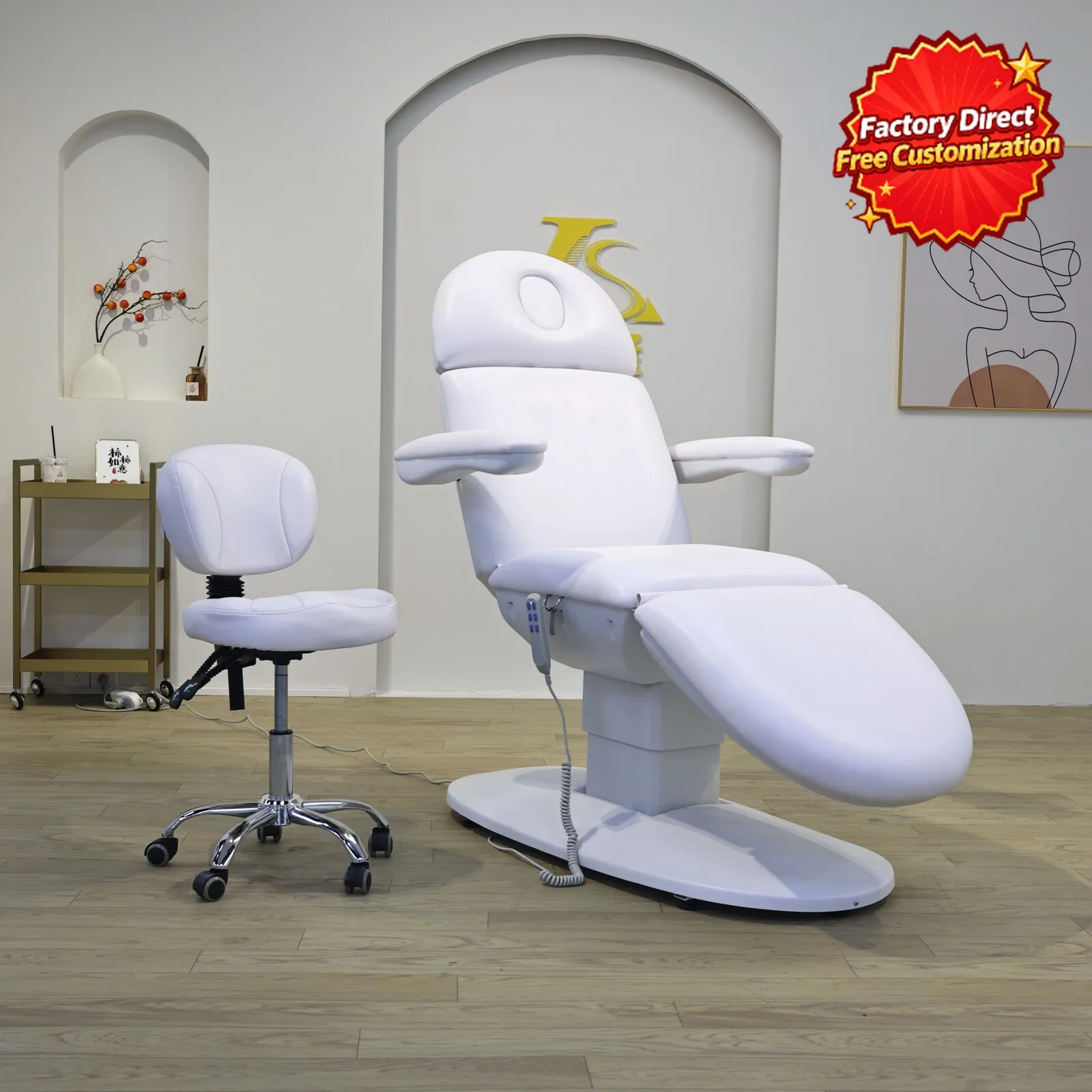 Electric Beauty Chair Adjustable Facial Bed with Headrest Face Hole Armrests Spa Lash Tattoo Massage Treatment Chair White