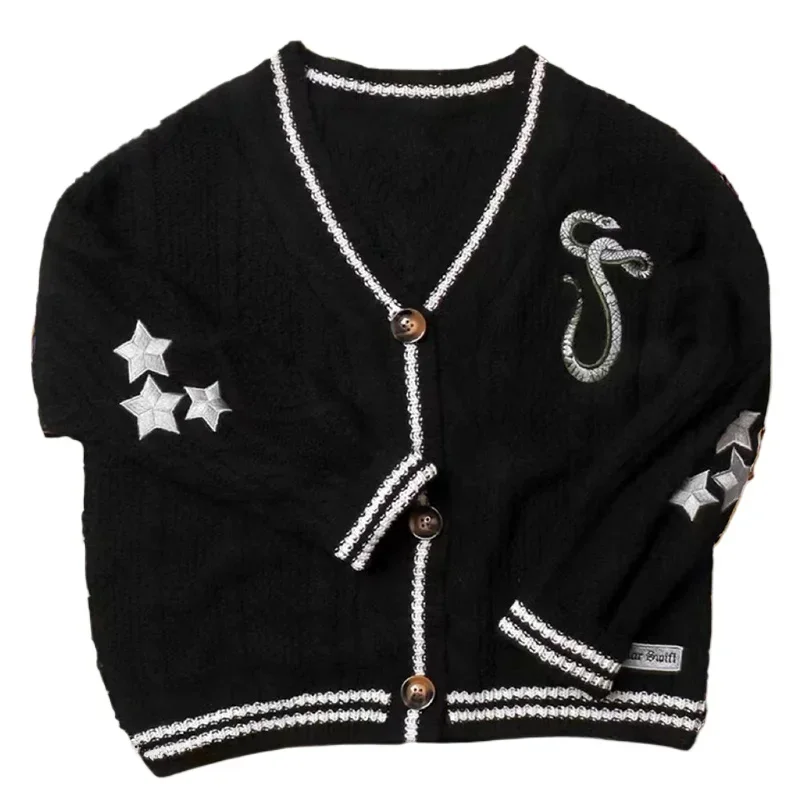 Zik Reputation Cardigan with Snake Star Cardigan Rep Taylor Embroidery V-Neck Button Up Knitted Sweater in Black Fall Winter