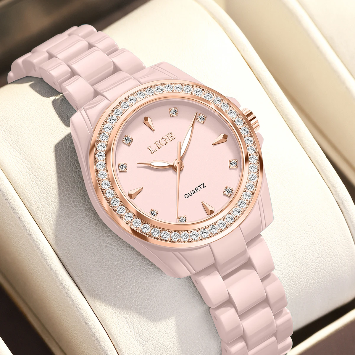LIGE Original Diamond Dial Ceramic Quartz Watch for Women Fashion Elegant Ladies Watches Ceramic Waterproof Women's Wristwatch