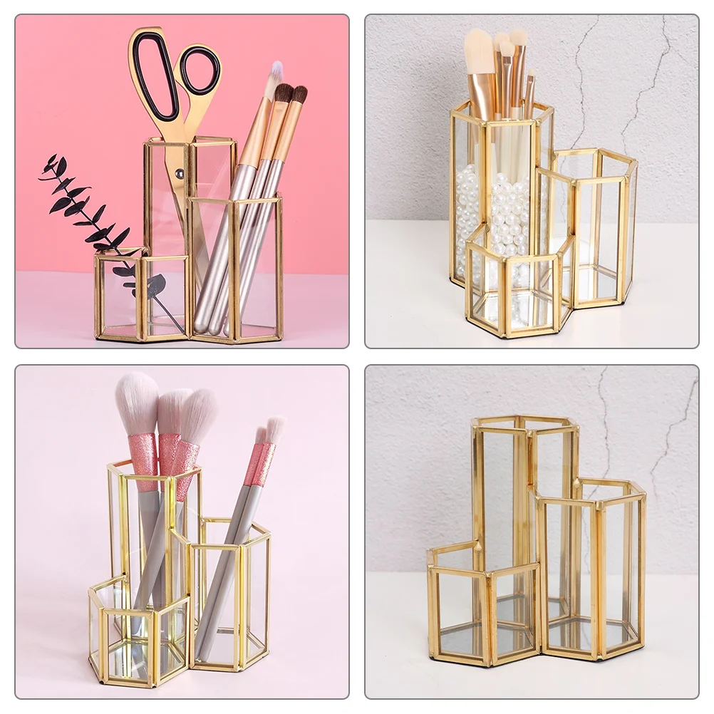 

Makeup Brush Holder Glass Organizer Three-Grid Brush Storage Bucket Pen Container for Vanity and Desktop Pen Holder