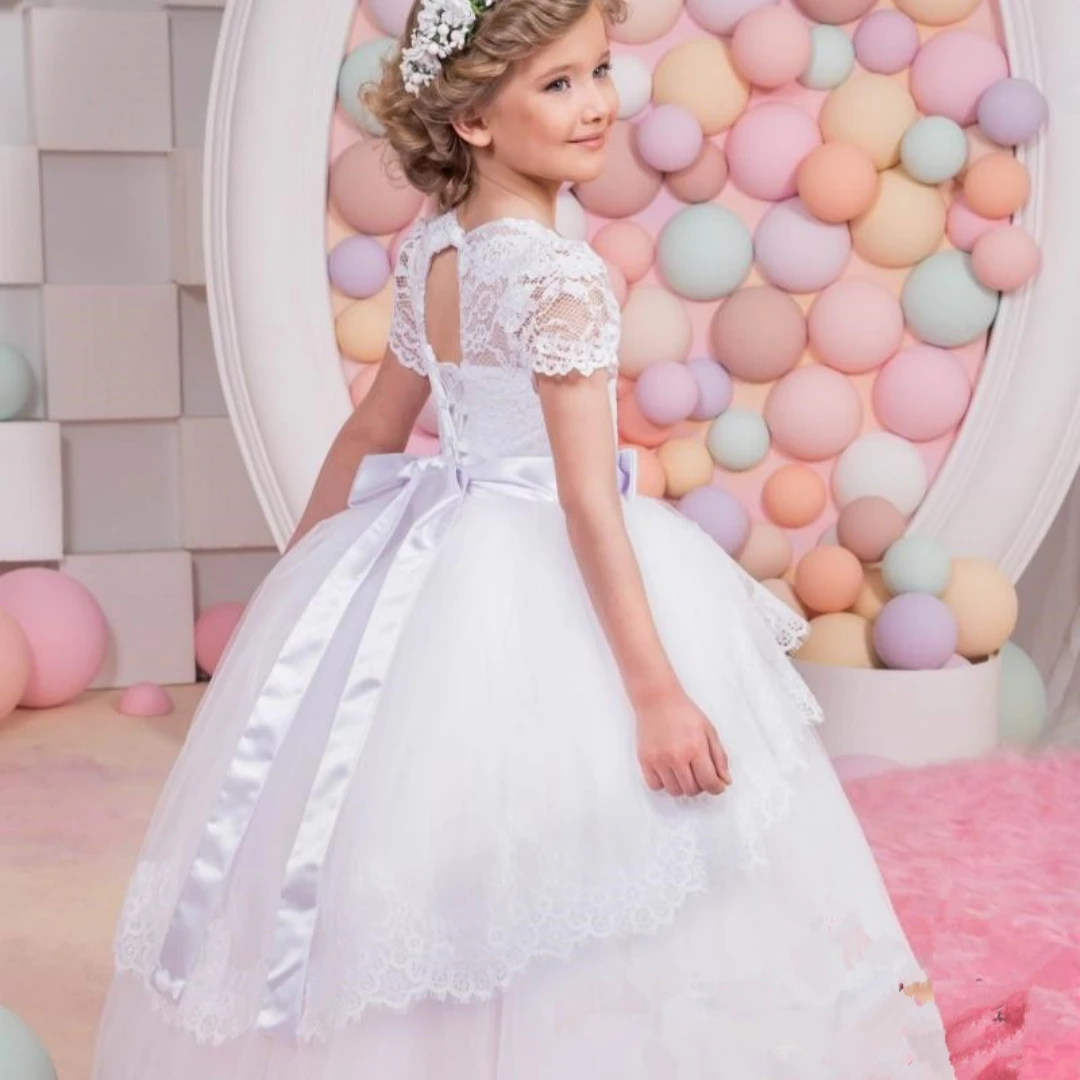 Flower Girl Dresses for Wedding Lace Beads 3D Floral Appliqued Little Girls Pageant Dresses Party Gowns Princess Wear