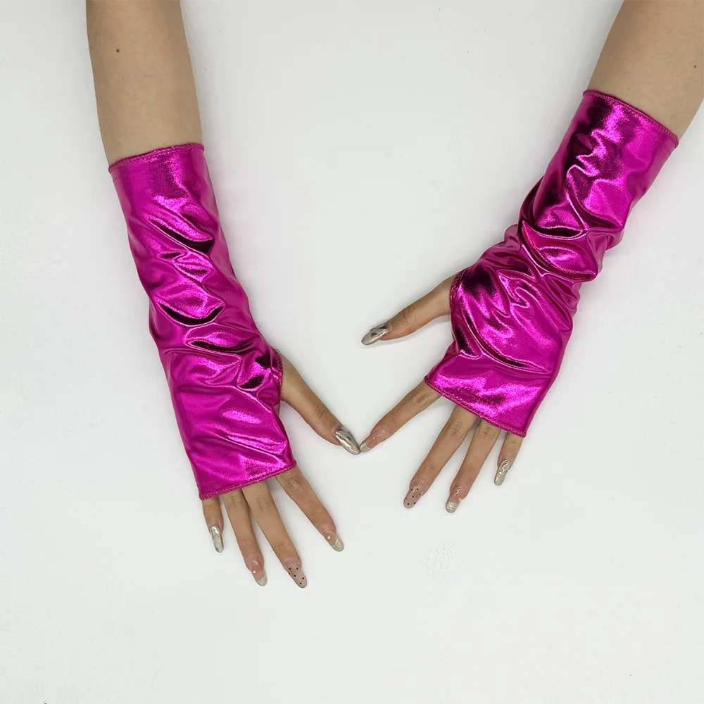 

1 пара перчаток без пальцев с глянцевой отделкой, комплект рукавов из искусственной кожи, перчатки для выступлений, перчатки для косплея в стиле панк