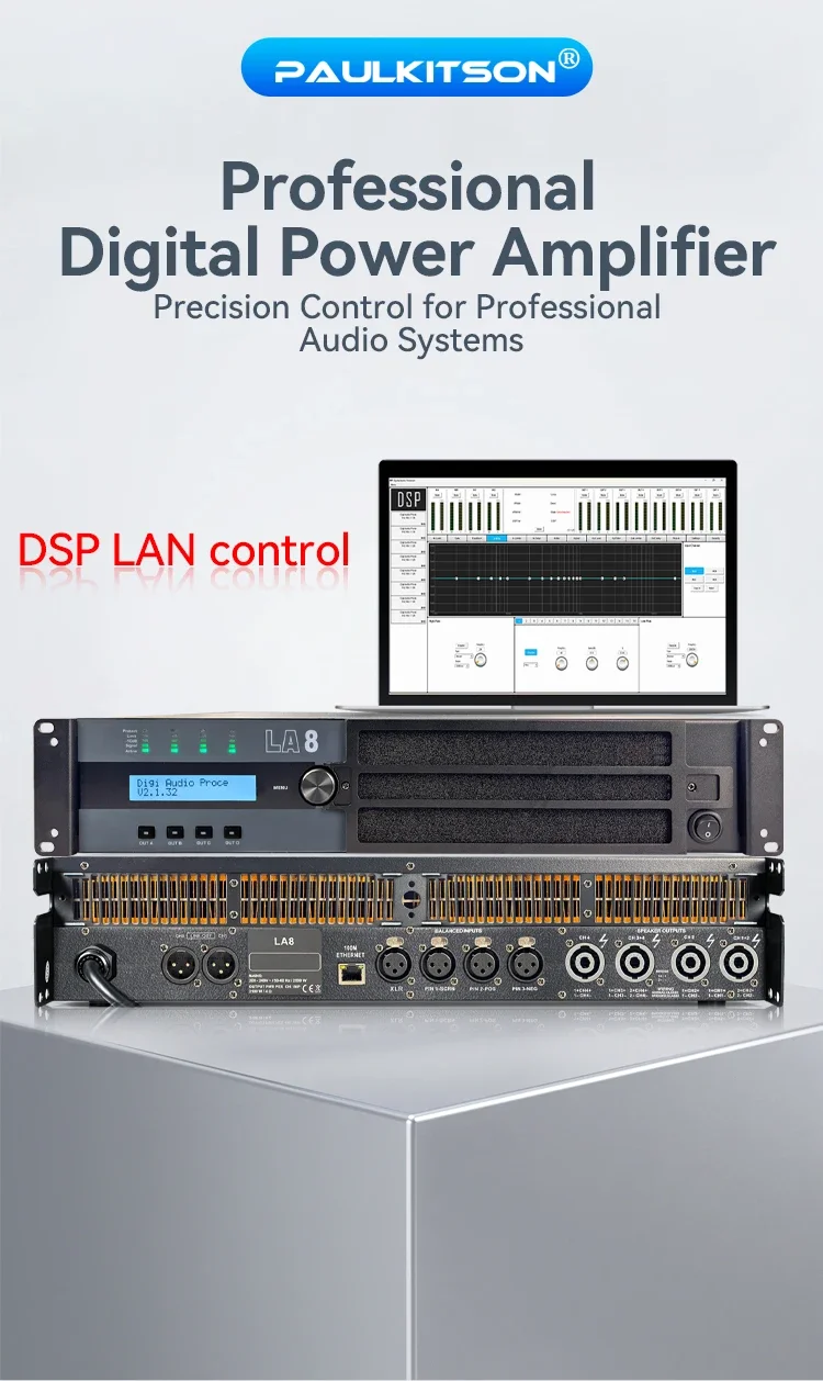 Paulkitson LA8 4-Kanal Professioneller Leistungsverstärker DSP LAN-Steuerung 4Ω 4×3000W Verstärker für Großveranstaltungen mit Line-Array-Lautsprechern – Detail 1