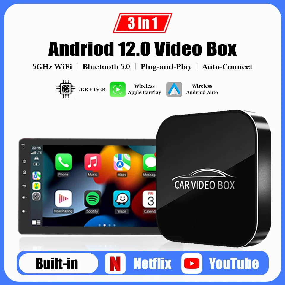 

New Android12 Smart Video Box 3in1 CarPlay & Android Auto Smart Car Play Streaming Box Built-in Netflix Youtube 5GHz Wifi BT 5.0