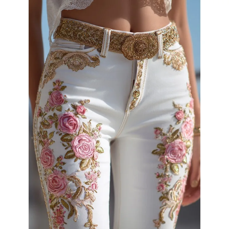 

Женские джинсы в европейско-американском стиле с цветочным принтом, прямые, повседневные, из денима