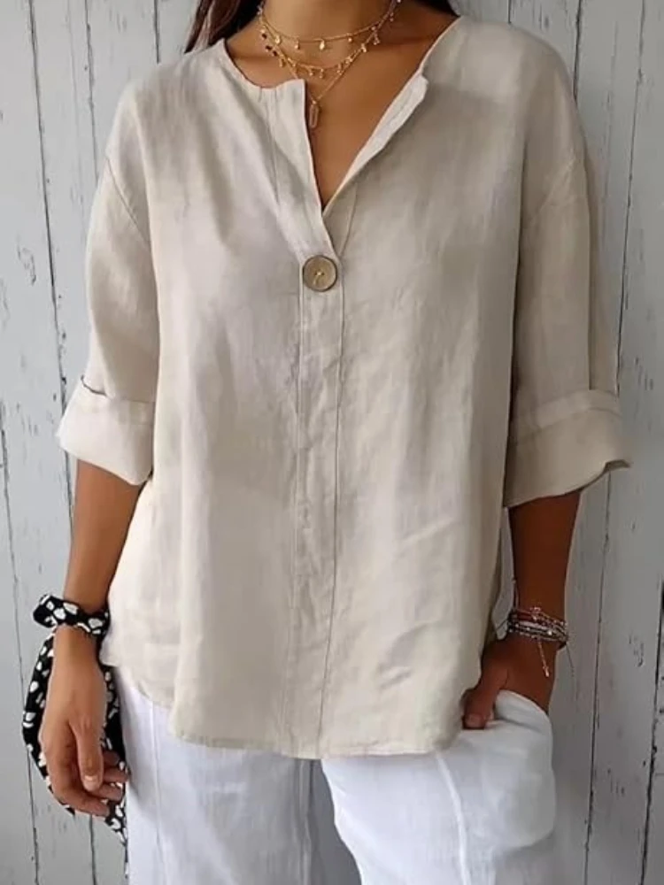 

Women's Casual Loose V-Neck T-Shirts 2025 Summer New Hot Arrival Youth Elegant Ladies Tops Plus Size Luxury Blouses Office Wear