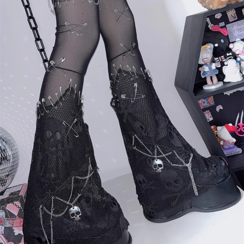 European American Y2K Hot Girl Subculture Women's Socks Punk Dark Design Autumn New Chain Pin Rock Flared Leg Warmers Ladies