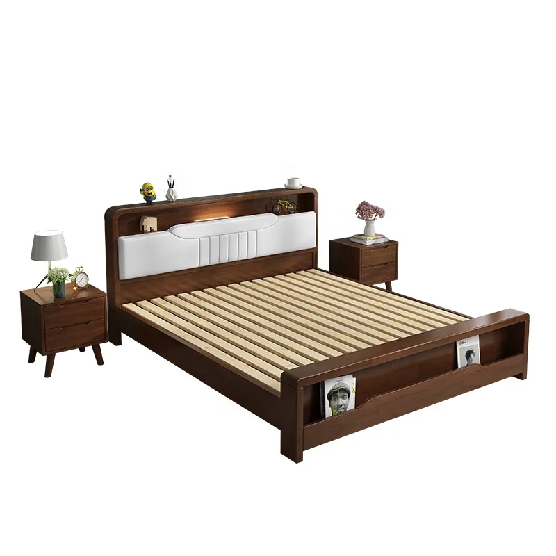 

Nordic Wooden Bedroom Furniture Simple Double Design Queen and king Size Frame Modern Wood Bed with Led Light Head
