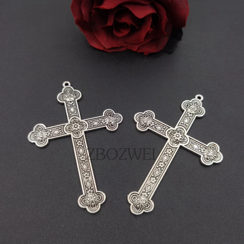 5pcs 80*54mm Silver Plated Large Christian Flower Cross Vintage Necklace Metal Accessories DIY Charm Jewelry Crafts Making