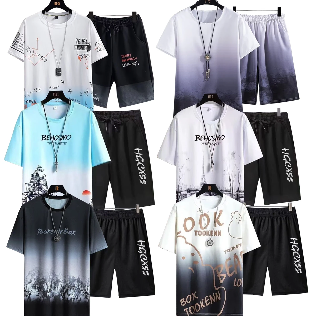 

Men's Short Sleeved Shirt Casual Shorts Gradient Printed Pattern Top Cropped Pants Spring Summer Youth Student Clothing