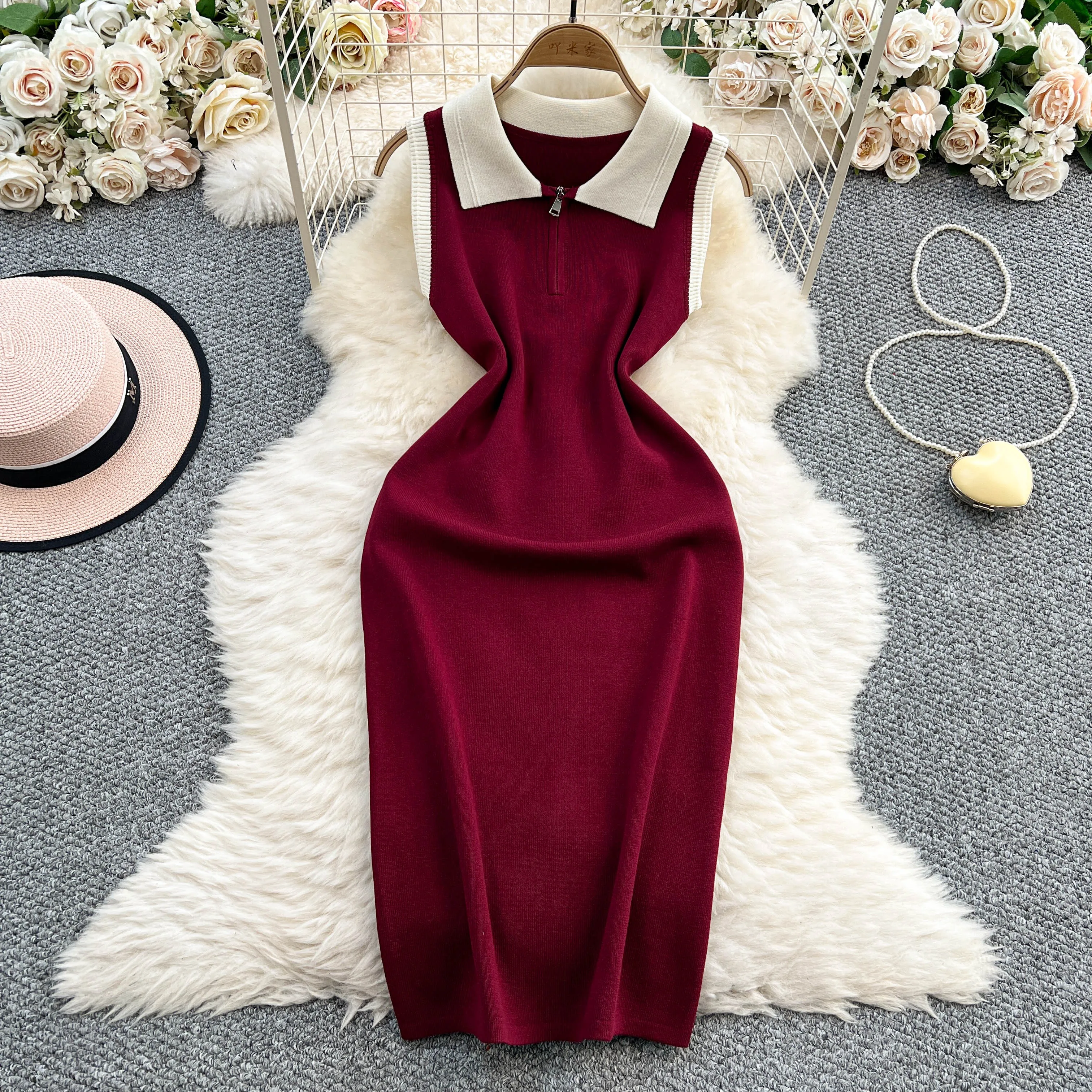 REALEFT Elegante Cerniera Lavorato A Maglia Delle Donne Wrap Abiti 2025 Nuova Estate Senza Maniche Polo Collare Solido Casual Tubino Vestito Dal Carro Armato Femminile