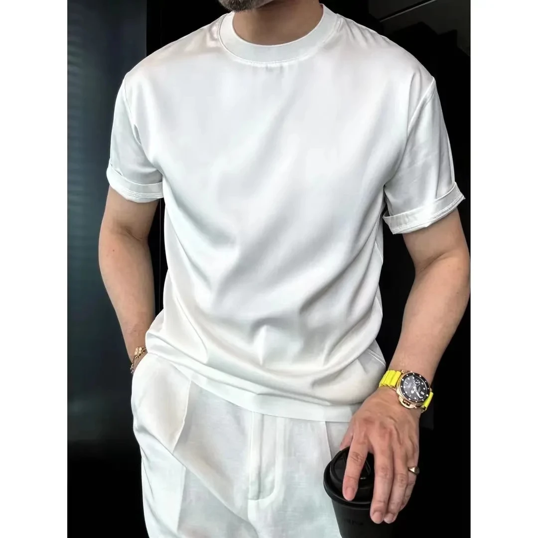 

Summer Comfortable Acetate Cool ort Sve T-irt Men's Luxury Base irt Pure Color Loose Fit Antibacterial round Ne