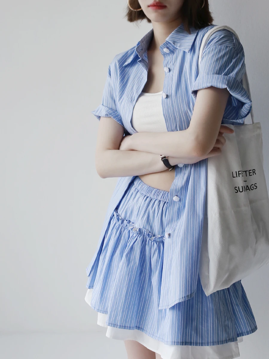 

Warmo2024 Summer Stripe Design Loose Women's irt A-Line Cake ort Skirt Slimming f Skirt Casual Sle Regular Sve Po...