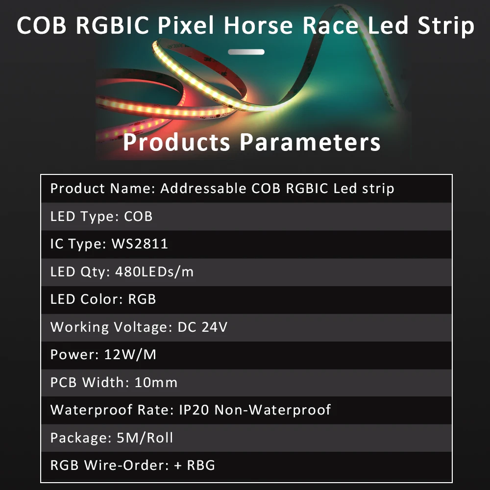 24V RGBIC COB Horse Racing LED Strip Light WS2811 Pixel Addressable RGB 5M 10M 15M 20M Flexible Ribbon WIFI APP Voice Control