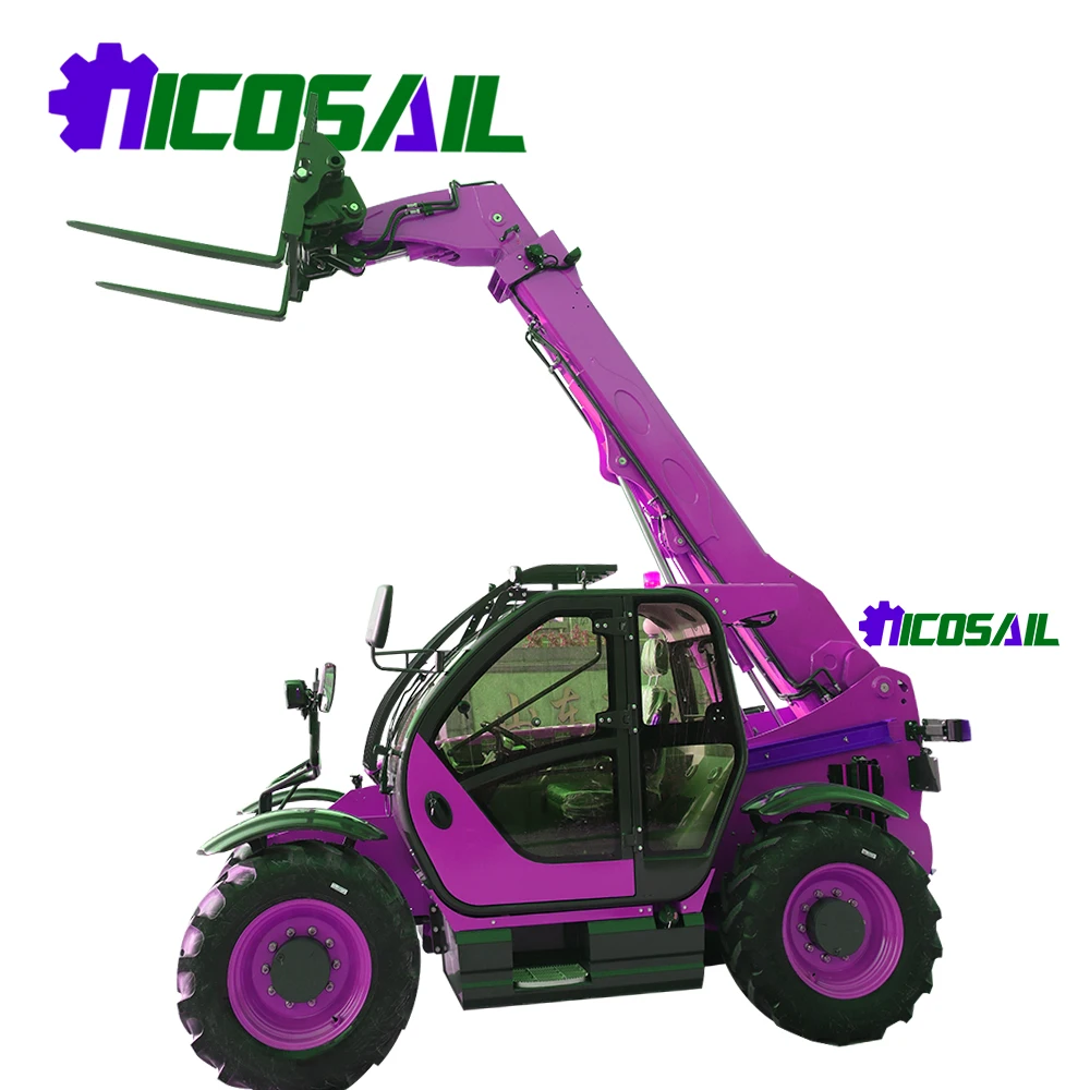 

The compact wheeled telescopic loader with rugged terrain extends upwards and is equipped with a black fork at the front end