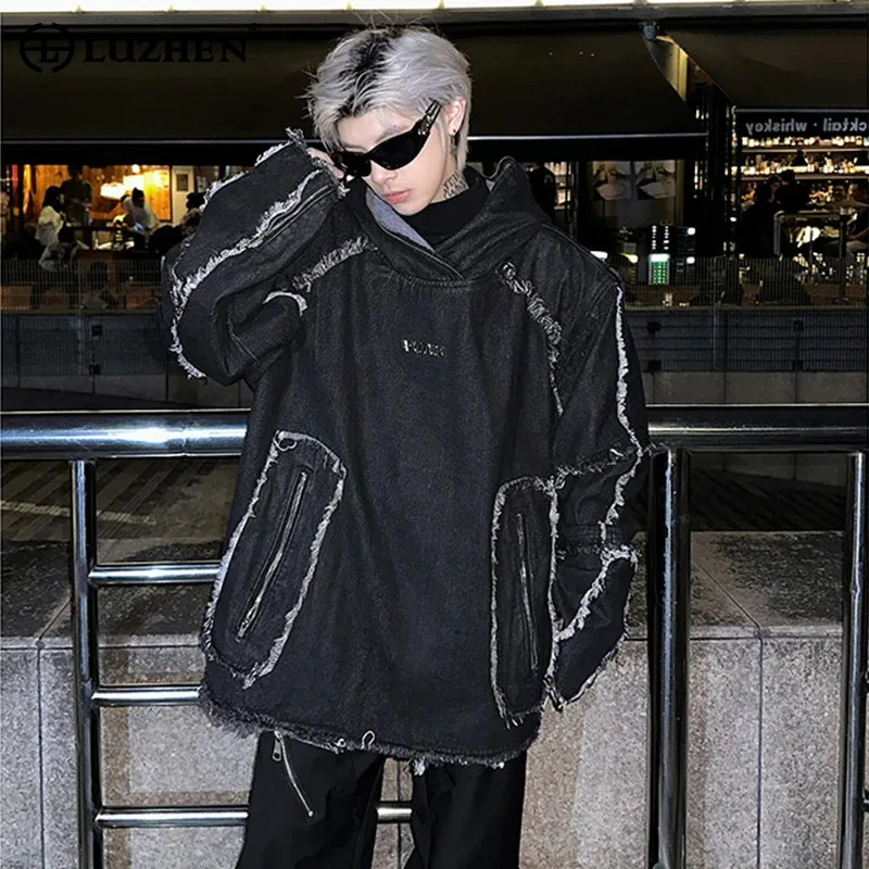 

LUZHEN Pullovers New In Sweatshirts Splicing Patched Heavy Hoodies Industry Design Shoulder Pad Male Street Denim Jackets JY4707