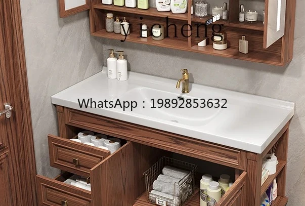 

red oak washstand ceramic integrated basin face wash cabinet solid wood rock slab bathroom cabinet