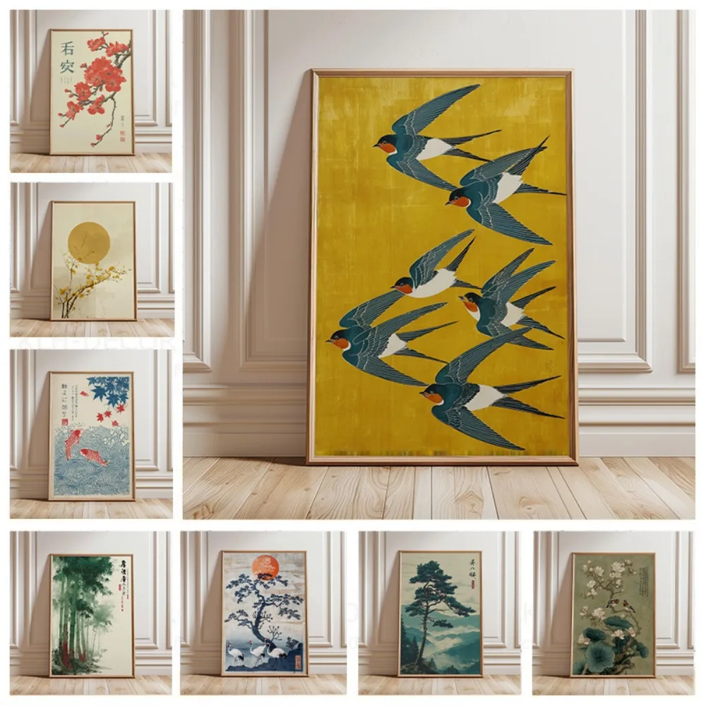 Japanese Crane Poster,Vintage Ukiyo-e Wall Art,Red Sun and Pine Tree Print,Traditional Japanese Artwork,Oriental Home Decoration