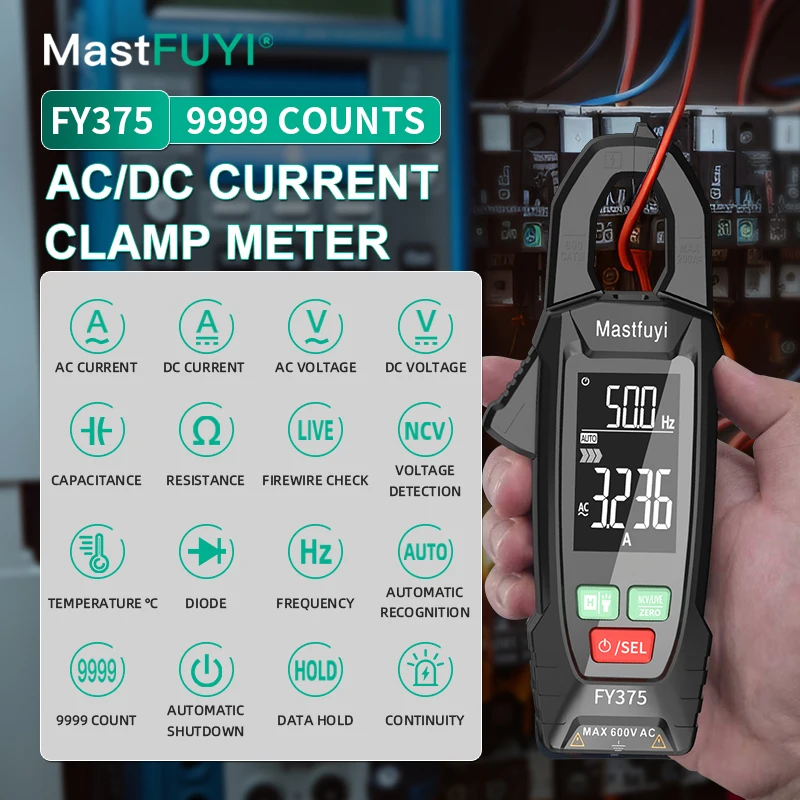 Clamp Meter Multímetro Digital Corrente dc 9999 Contagens Amperímetro Tester Amperímetro Carro hz Capacitância Ncv Ohm Test Mastfuyi-fy375