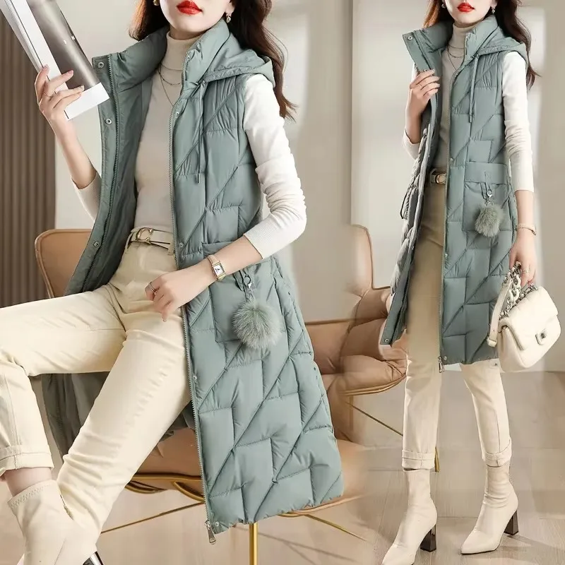 2024 New Women Winter Long Down Cotton Vest Jacket Sleeveless Hooded High-Quality Thick Warm Parkas Female Waistcoat Outwear
