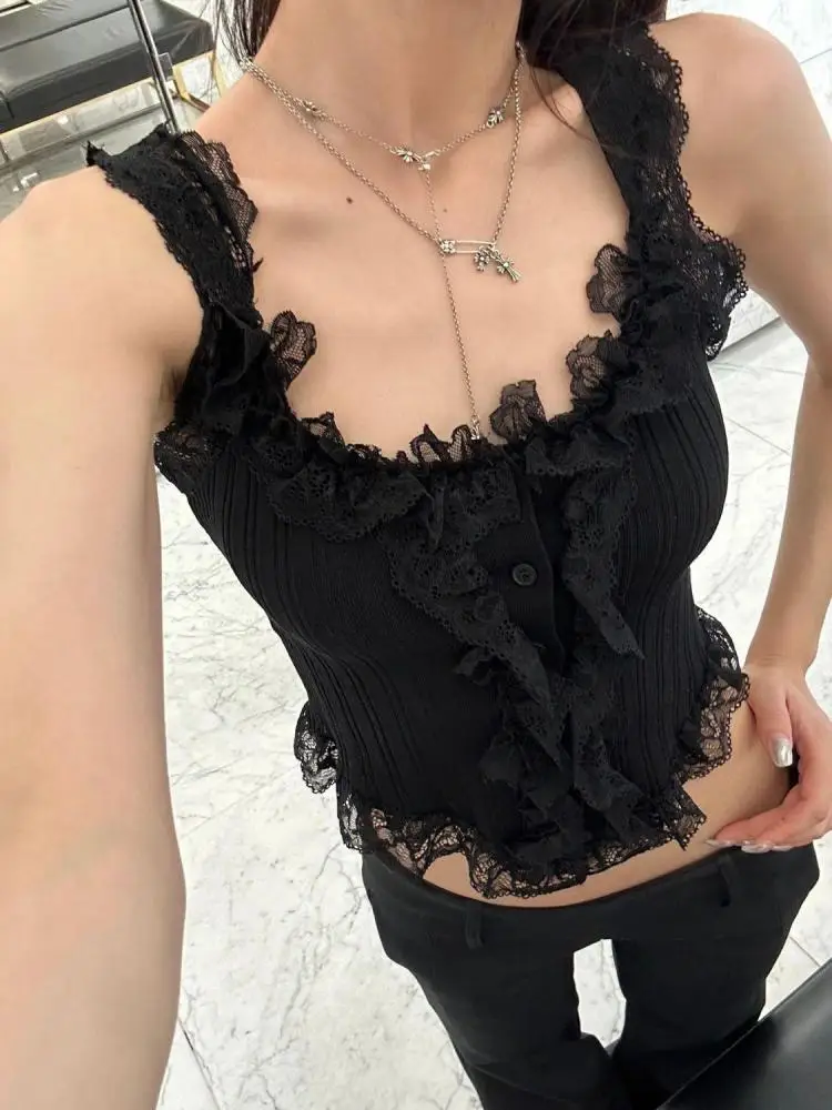 Yedinas Knitted Patchwork Lace Tank Tops Sleeveless Tshirts Korean Fashion Summer Tops Hotsweet Korean Fashion Crop Top Y2k Chic