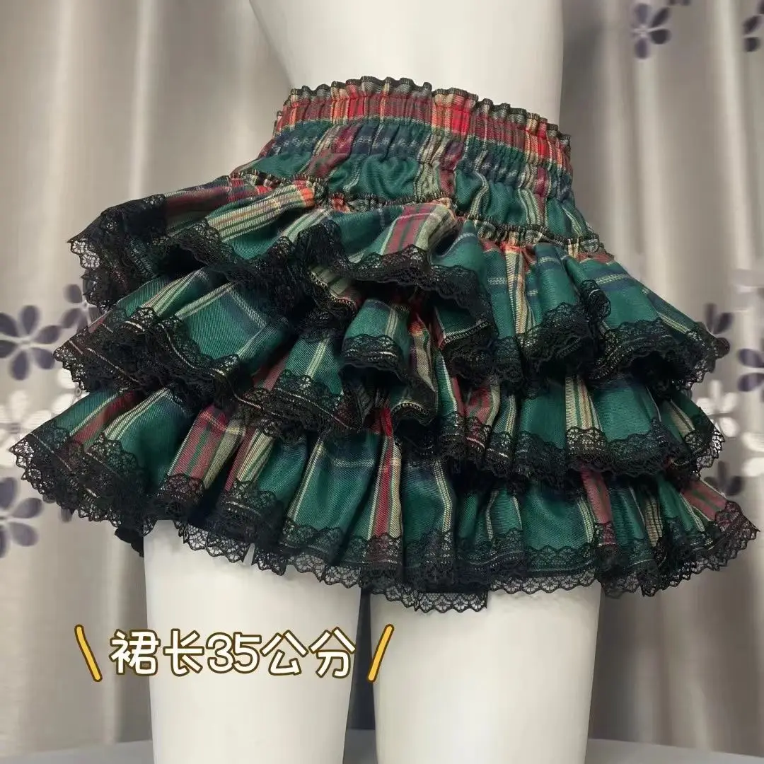 

Japan Subculture Punk New Sweet And Cool Niche Unique Red And Green Plaid Skirt Black Lace Cake Skirt