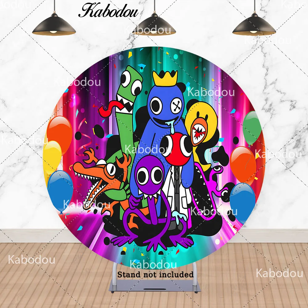 Kabodou Rainbow Friends Round Backdrop Cover For Boys Birthday Circle Photo Background Booth Cylinder Covers Vinyl Polyester