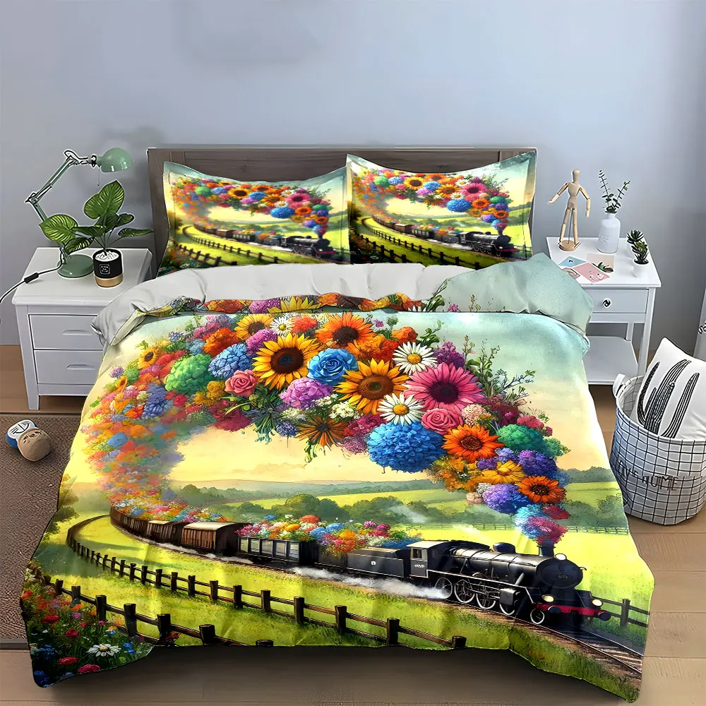 

Floral Train Landscape Art Decor Multiple sizes kid's and adults' bedroom Exquisite 3PC bedding set, gift