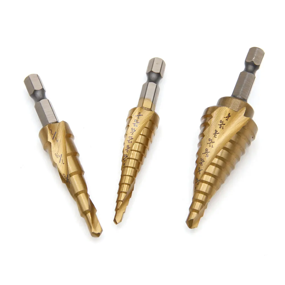 مجموعة ثقب مثقاب متدرج مطلي بالتيتانيوم ، مقبض سداسي ، أخدود حلزوني ، صغير ، نظام باغودا ، نظام بريطاني ، 3 #5