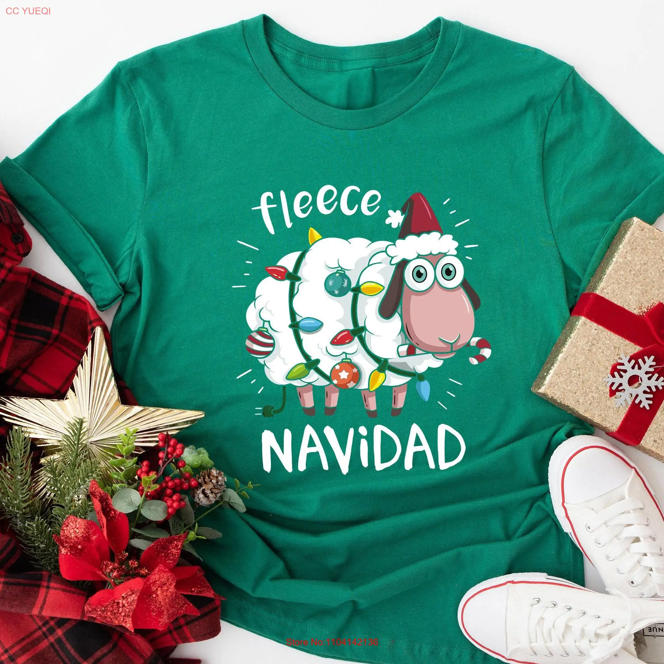 Camiseta de lana navideña SweaT, luces navideñas en español, oveja Feliz Familia, suéter divertido de manga larga o corta