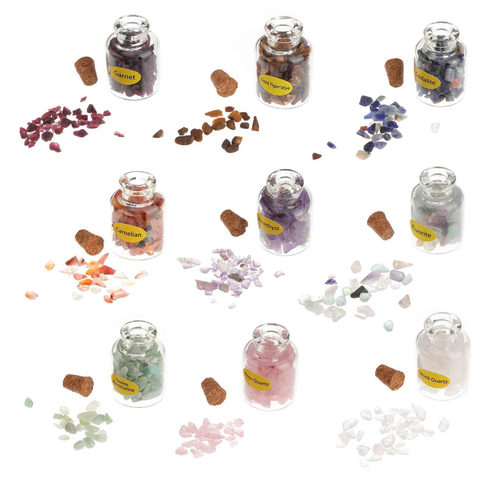 9Pcs Crystal Wishing Bottles Gemstone Birthstone Amulets Set Rose Quartz Carnelian Garnet Tiger Eye Lapis Unakite