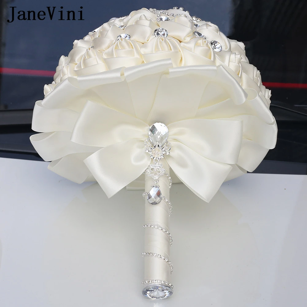 JaneVini 21cm Luxury Ivory Bridal Bouquet with Silver Brooches Jewelry Fake Rose Bridesmaid Bride Bouquet Wedding Flowers Noiva