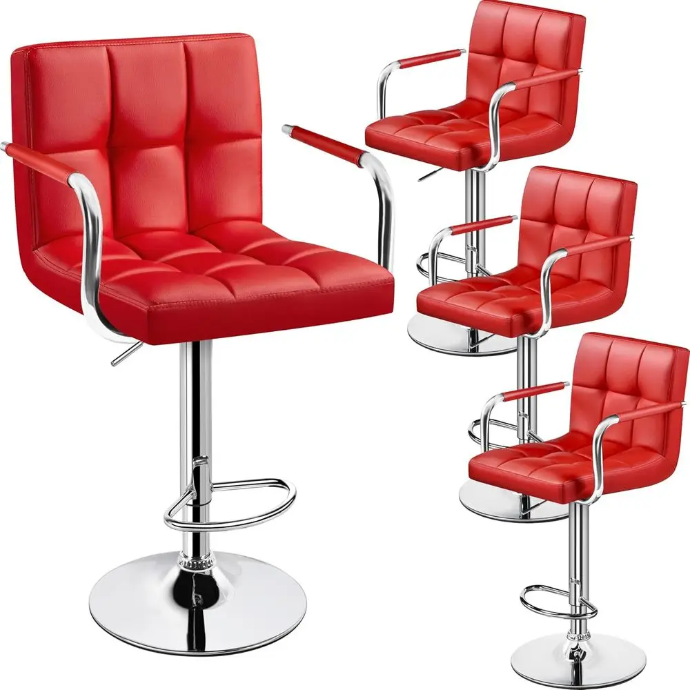 

Набор из 4 регулируемых барных стульев из искусственной кожи с подлокотниками, утолщенными подушками, красного цвета.