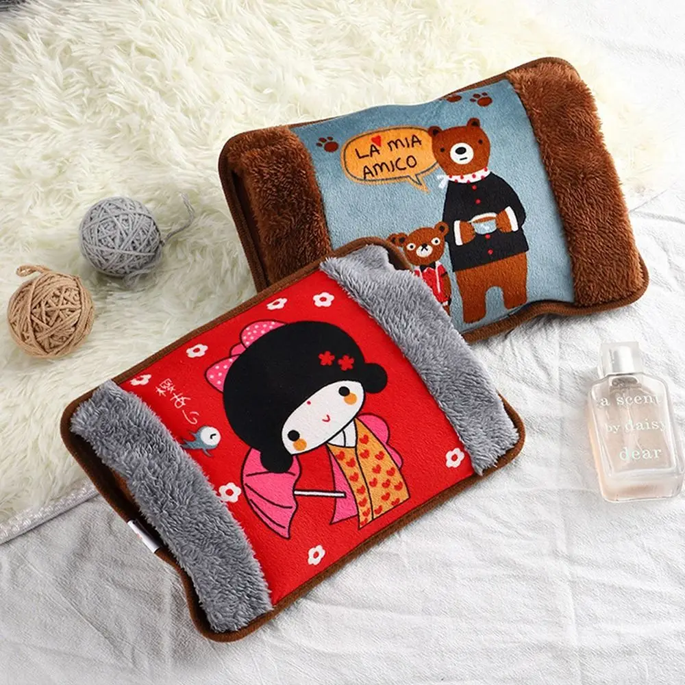 Flannelette Electric Hot Water Bottle EU Plug Random Color Hand Warmer Explosion-Proof Cartoon Pattern Winter Heated Bag