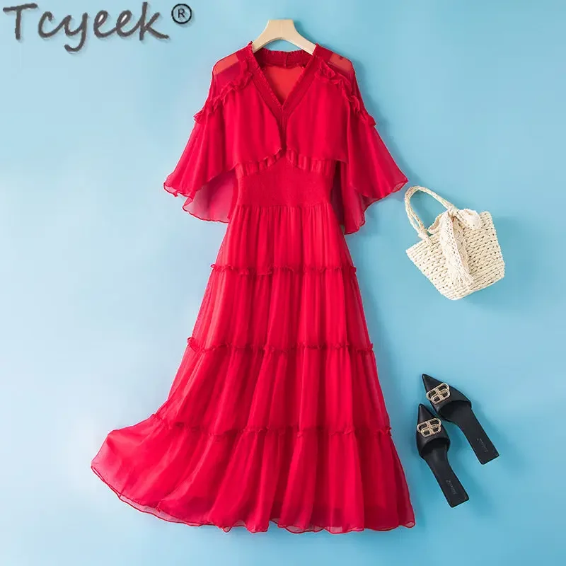 

Tcyeek New Mulberry Silk Dress Boho Holiday Beach Dress Mid-length Elegant Dresses for Women White Dress Vestido De Mujer Zm2851